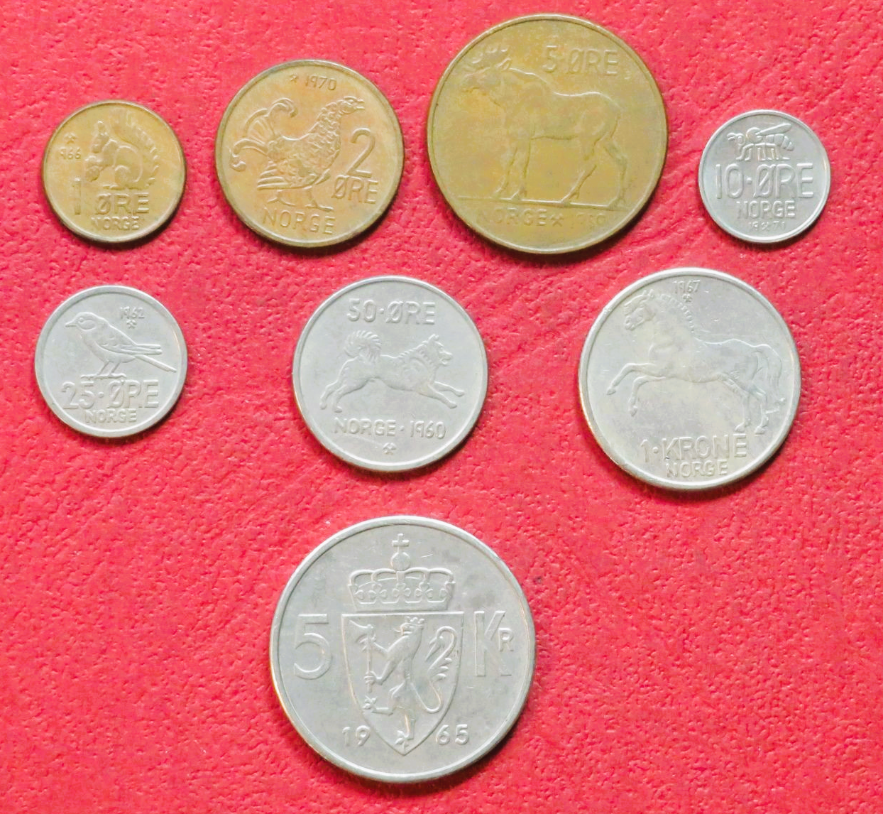 Norway - Set 4: set of 8 coins, 0,01-5 Kroner, 1958-1973, circulated (USED / vf)