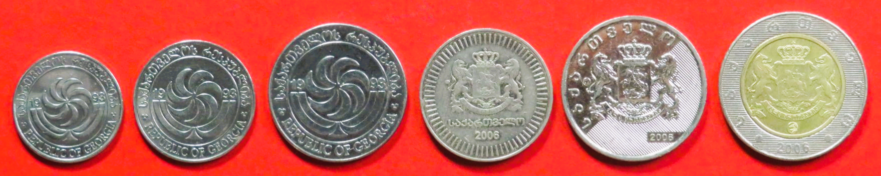 Georgien - Set 1:  5/10/20/50 Tetri + 1/2 Lari, 1993/2006, gebraucht (used / ss), # 9-11/31-33
