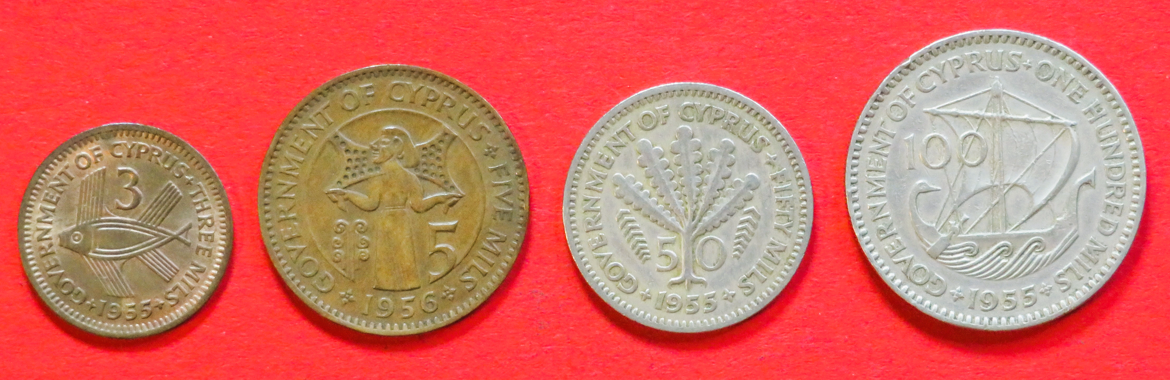 Zypern - Set:  3/5/50/100 Mils, 1955/1956, gebraucht (used / ss), # 33/34/36/37
