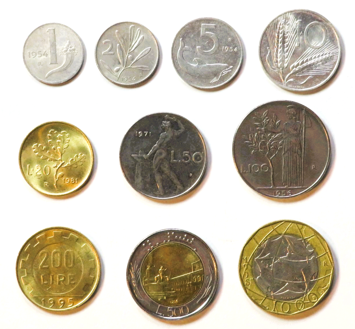 Italy - Set 1: set of 10 coins, 1 Lire -1,000 Lire, 1951-2001, circulated (USED / vf)   