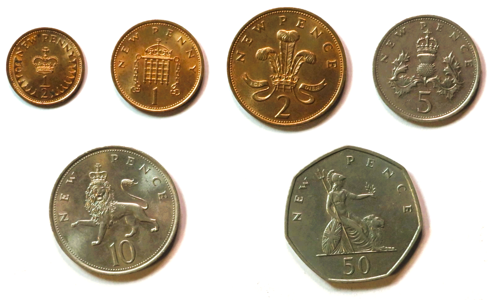 Great Britain - Set 4: 6 coins, 1/2p - 50p, 1971-1981, circulated (USED / vf), Elizabeth II.